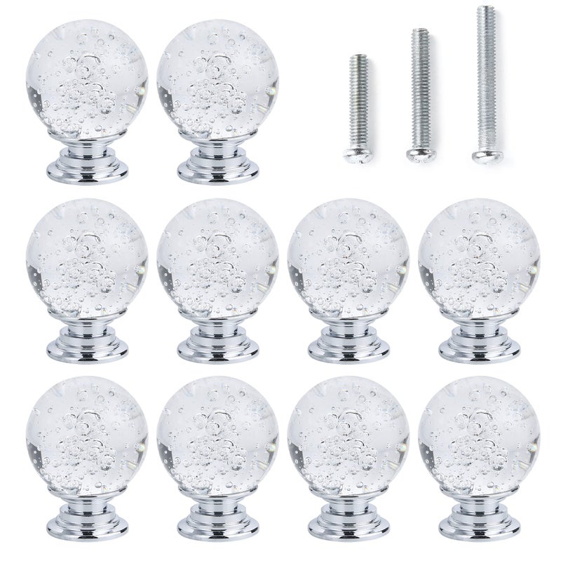 IEIK 10 PCS Crystal Cabinet Knobs Round Glass Bubbles Knobs Smooth Drawer Pulls Handle for Home, Cabinet, Drawer and Dresser with 3 Different Size Screws, 30MM (Transparent) - Image 1